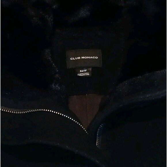 Club Monaco Womens Wool Pea Coat Faux Fur Collar Black XS Zip Mid-length Chic - Picture 7 of 12